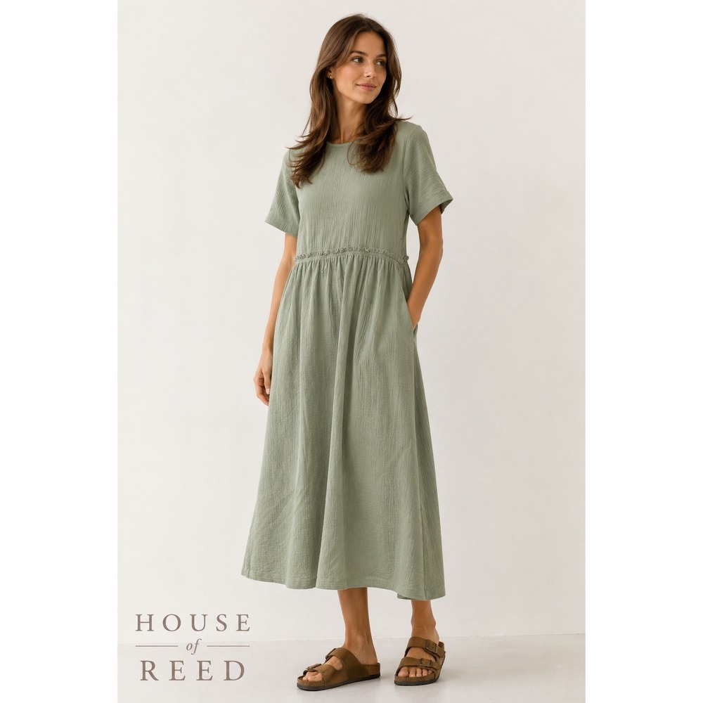 Aura Red Dress Boutique Modest Sage Green Cotton Gauze Midi Dress M NEW NWT